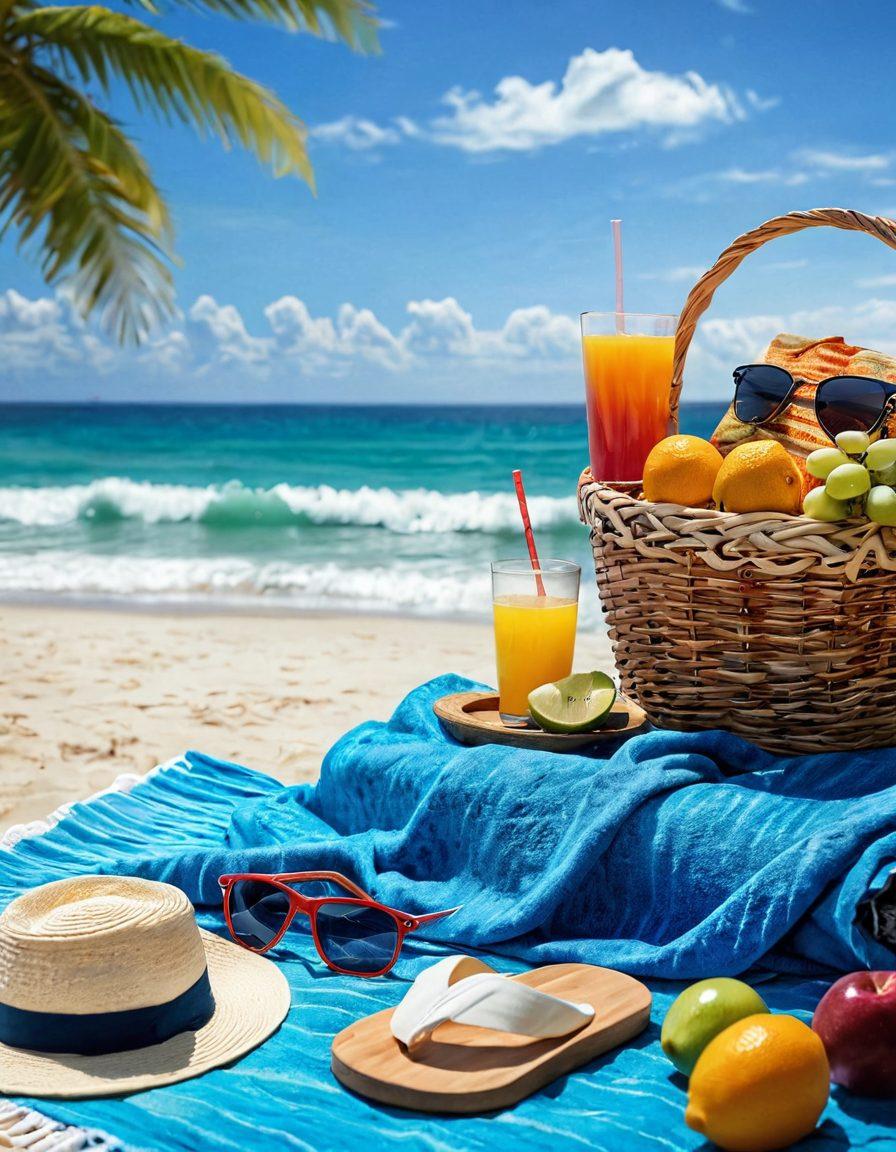 A beautiful seaside scene showcasing essential coastal accessories like stylish sunglasses, a beach hat, flip-flops, and a beach towel. Include a vibrant blue ocean in the background with soft white waves and a sunny sky. Add a picnic basket filled with fresh fruit and a refreshing drink. Make it colorful and inviting, capturing the essence of a perfect coastal getaway. vibrant colors. super-realistic.